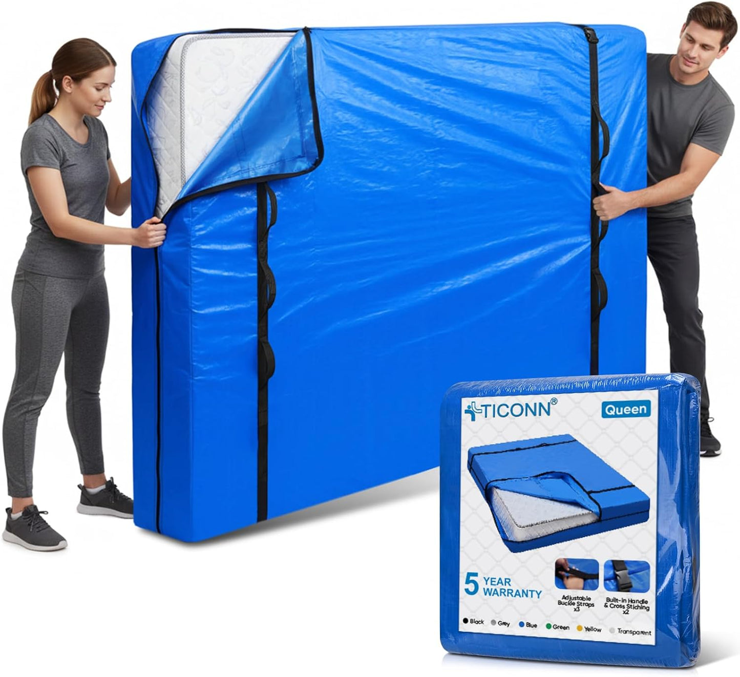 TICONN Queen Mattress Bag - Heavy Duty Storage Cover with Full-Around Handle & Adjustable Buckles | Blue