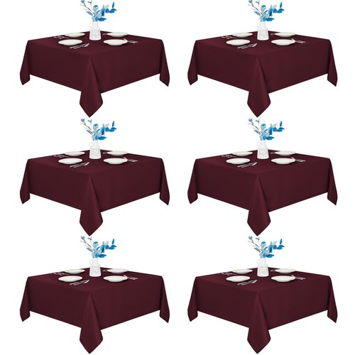 Fitable 6 Pack Square Tablecloths - 70 x 70 Inches - Stain Resistant and Reusable Table Clothes, Burgundy Polyester Fabric Table Covers for Dining, Card Tables, Coffee Tables