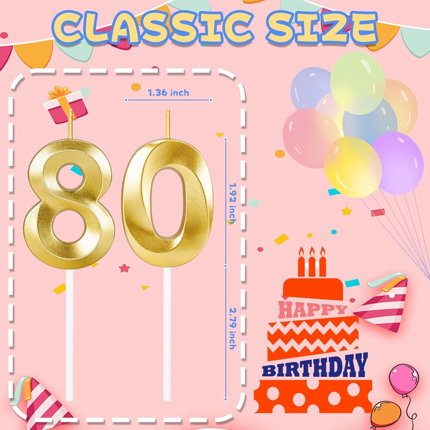 Regine Switzerland 80th Birthday Candles - Gold Number Cake Toppers for Celebrations