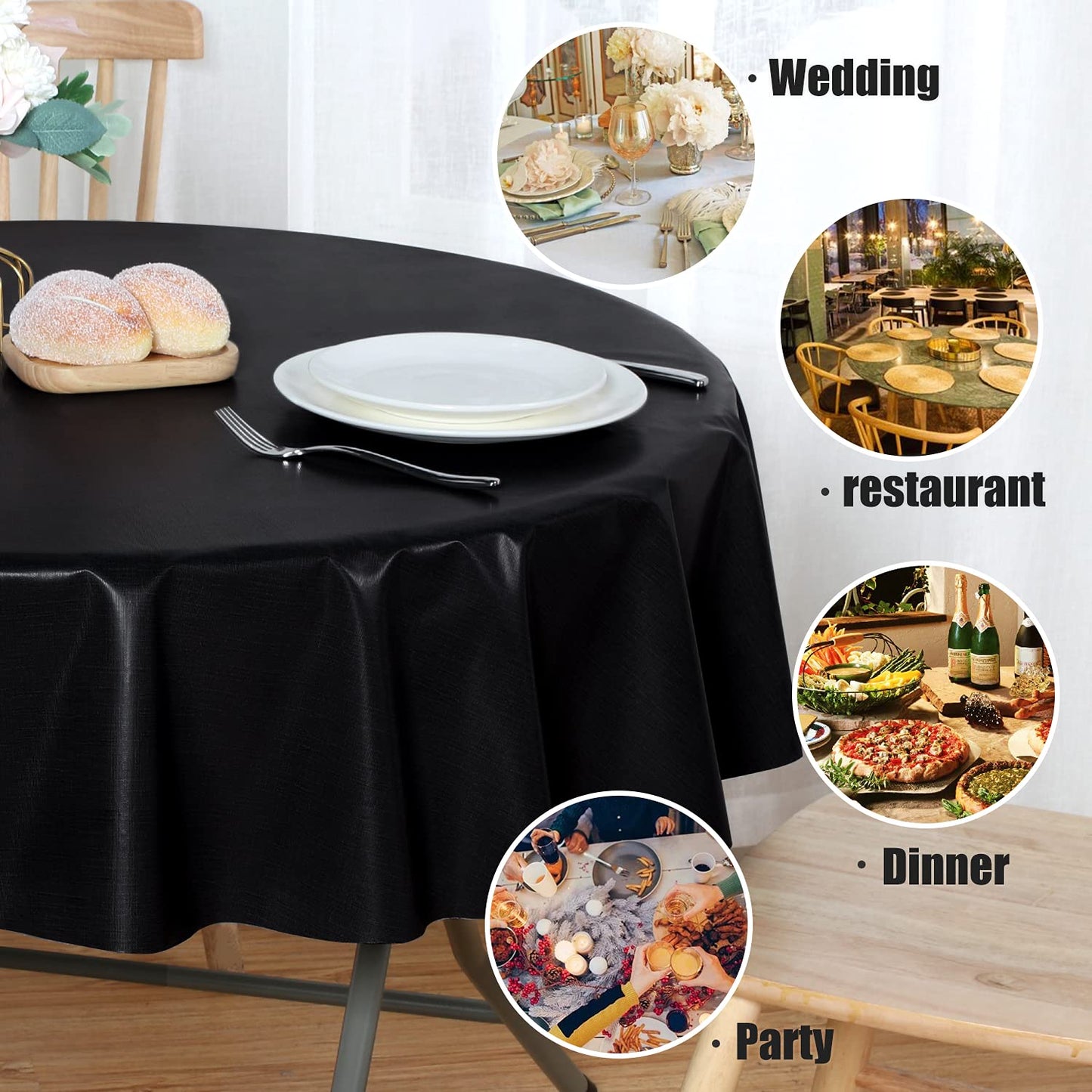 sancua 100% Waterproof Round PVC Tablecloth - 60 Inch - Oil Proof Spill Proof Vinyl Table Cloth, Wipe Clean Table Cover for Dining Tables, Buffet Parties and Camping, Black