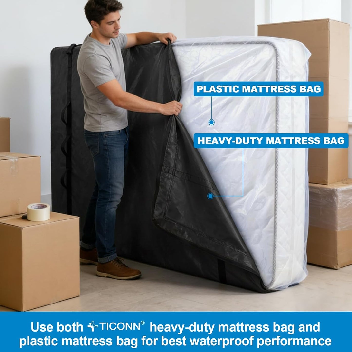 TICONN Heavy Duty King Mattress Bag - Full-Around Handle & Adjustable Buckles | Black Storage Cover