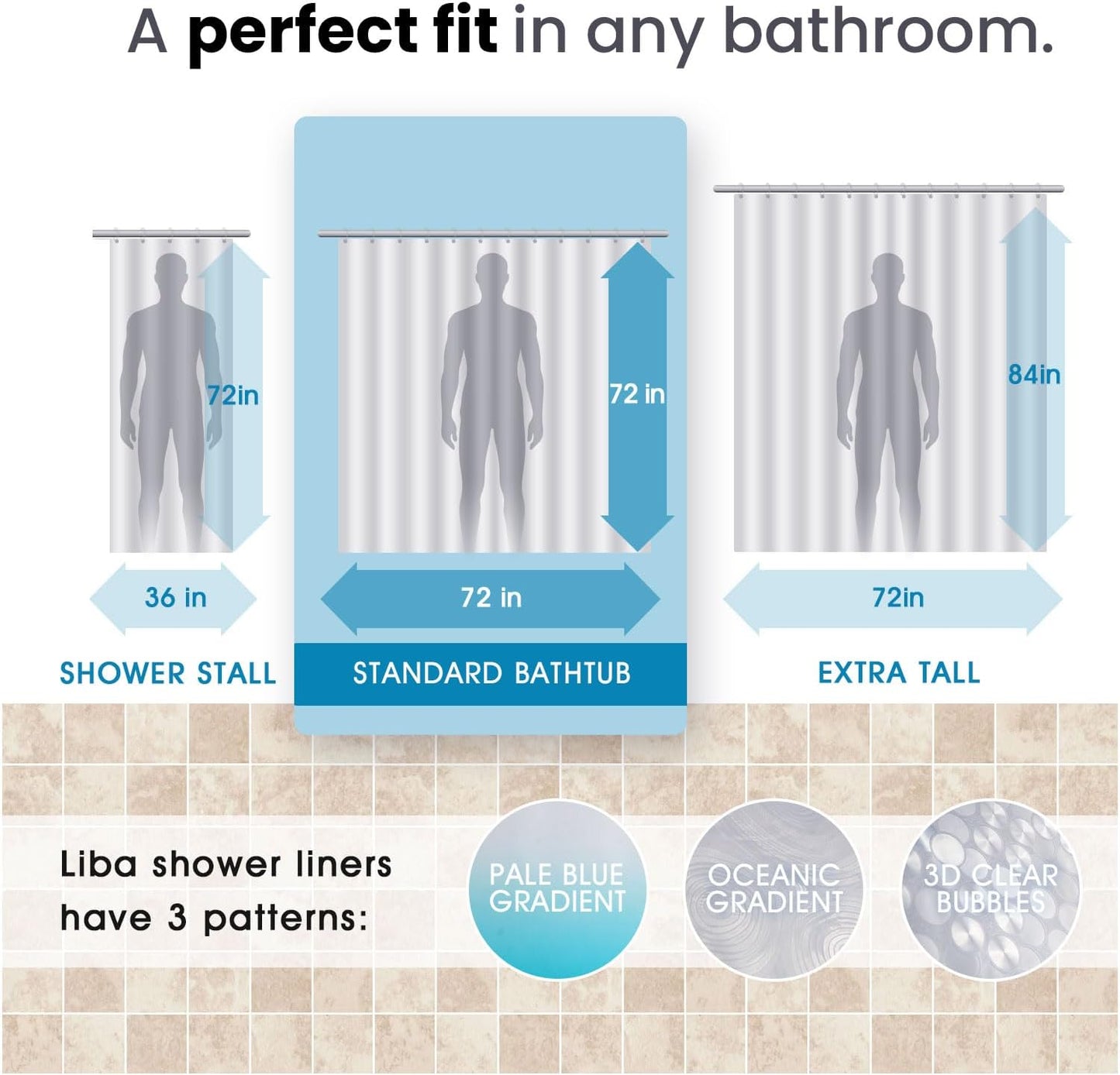 LiBa PEVA Shower Curtain Liner - 8G Waterproof, 72x72 Inch Clear Design with Magnets & 3D Bubbles Pattern
