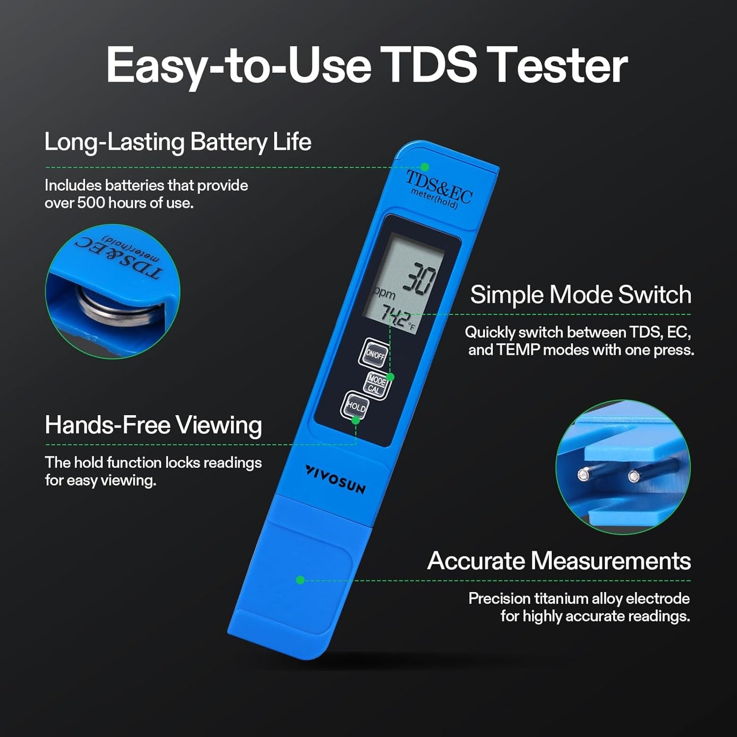 VIVOSUN Digital pH and TDS Meter Kit - High Accuracy 3-in-1 Hydroponics Tool | Yellow & Blue, UL Certified