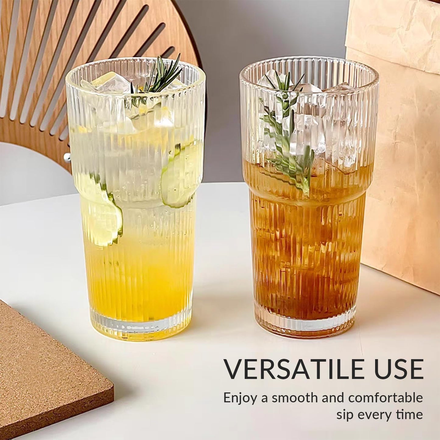 Puraville 2 Pack 20oz Glass Cups with Lids and Straws, Vintage Ribbed Glassware for Whiskey Cocktail Beer, Mason Jar Drinking Glasses Tumbler Iced Coffee Cup