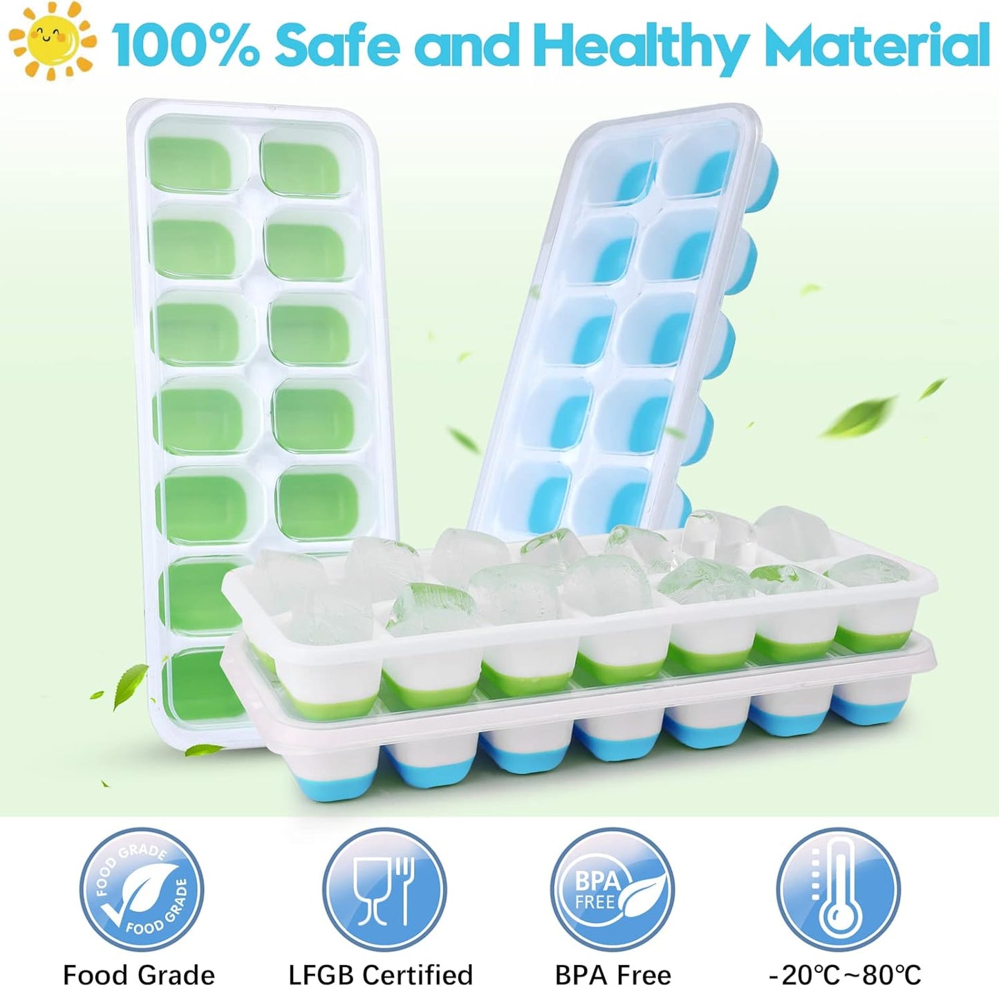 Silicone Ice Cube Tray - 8 Pack Easy-Release Flexible Trays with Spill-Resistant Lid | Stackable Freezer Ice Trays (4 Blue + 4 Green)