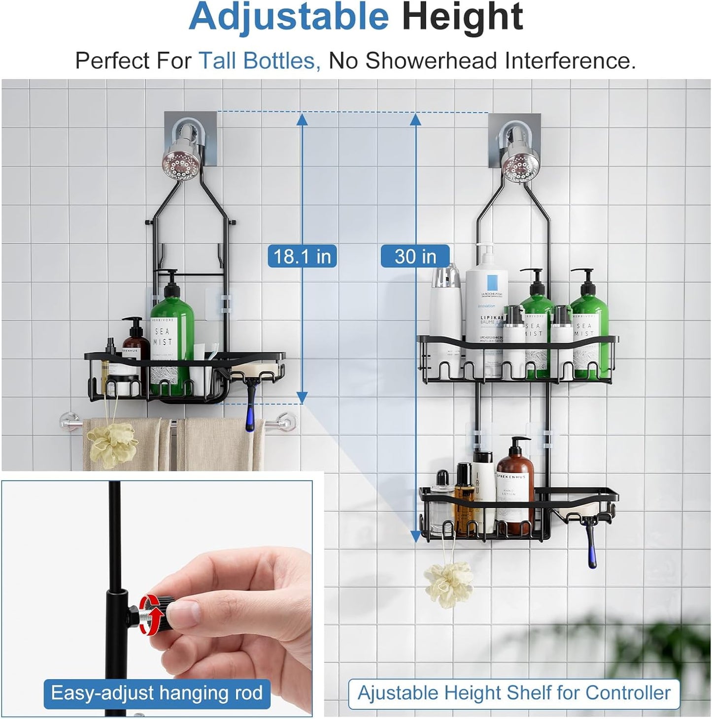 Skiennix Shower Organizer - Upgraded Extended Length Rustproof Shampoo & Soap Holder | Large Hanging Caddy