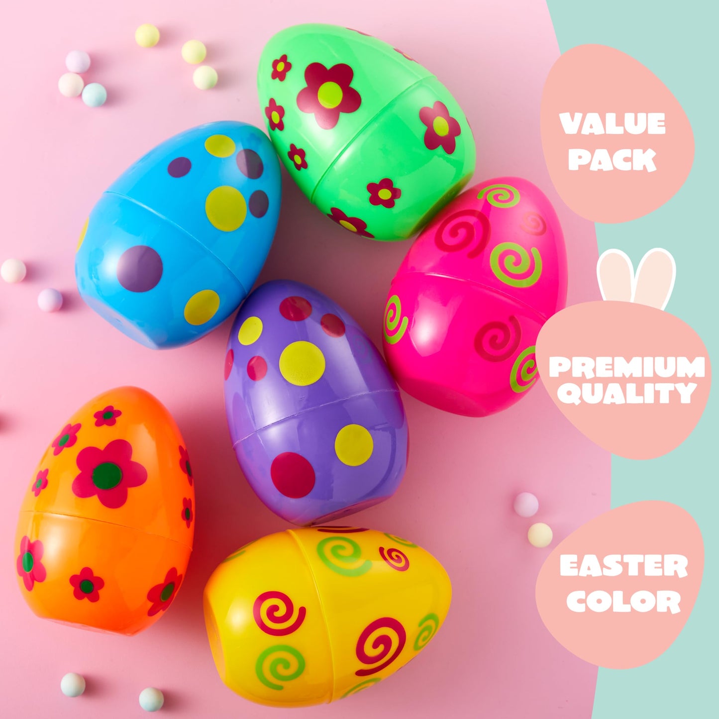 JOYIN 6 Pcs Large Printed Easter Eggs, 6 Inches Jumbo Plastic Eggs Fillable for Easter Themed Hunt Basket Stuffers Fillers Filling Treats Party Favor Classroom Prize Supplies