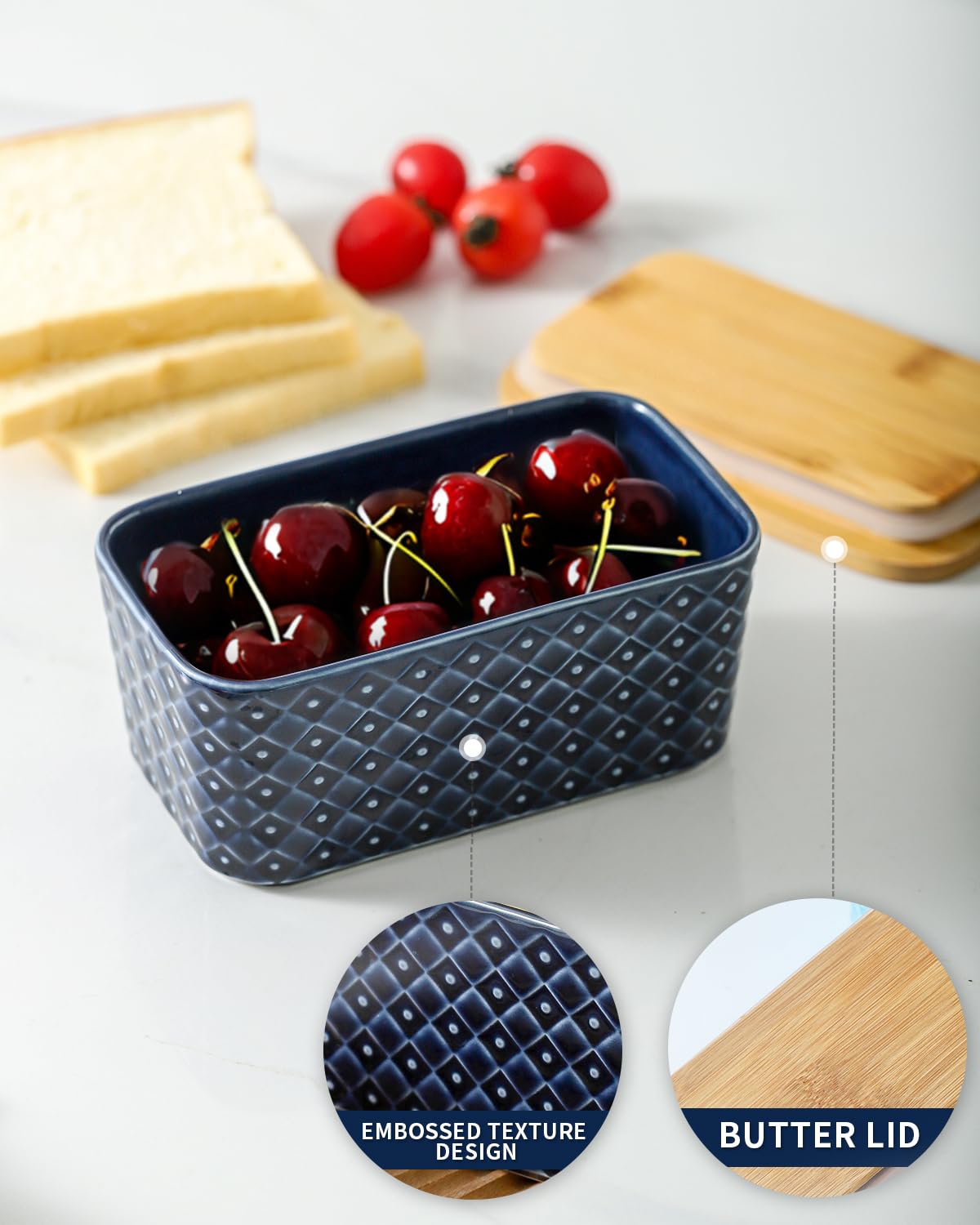 Hasense Ceramic Butter Dish with Lid, Butter Container for Countertop Airtight Butter Stick Covered Keeper,Navy Blue Embossed Pattern,Easy Clean Dishwasher Safe