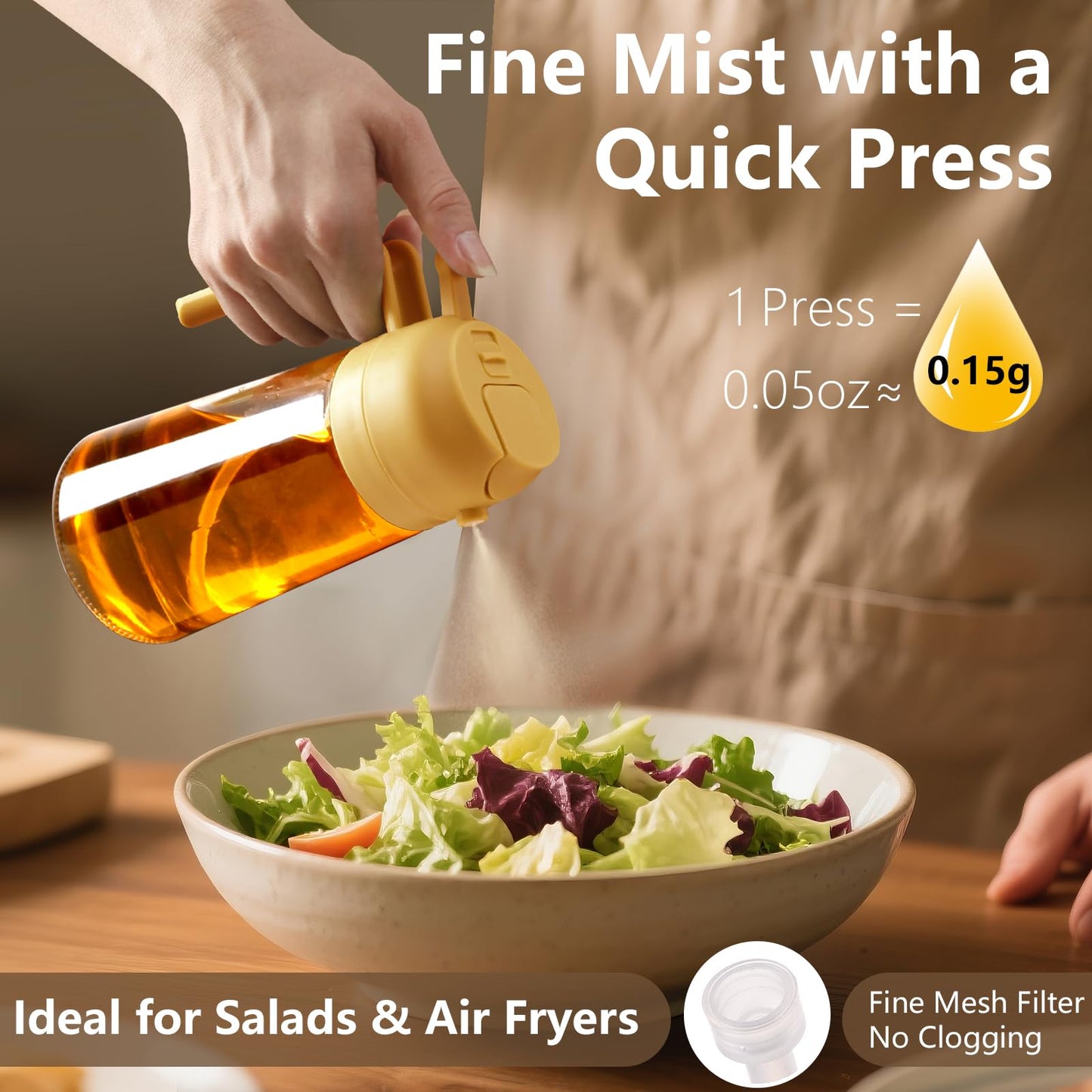 SWEET VIEW Oil Sprayer for Cooking, 16oz/470ml 2 In 1 Glass Olive Oil Sprayr & pourer for Kitchen, Air Fryer, Cooking, Salad, BBQ (Yellow)