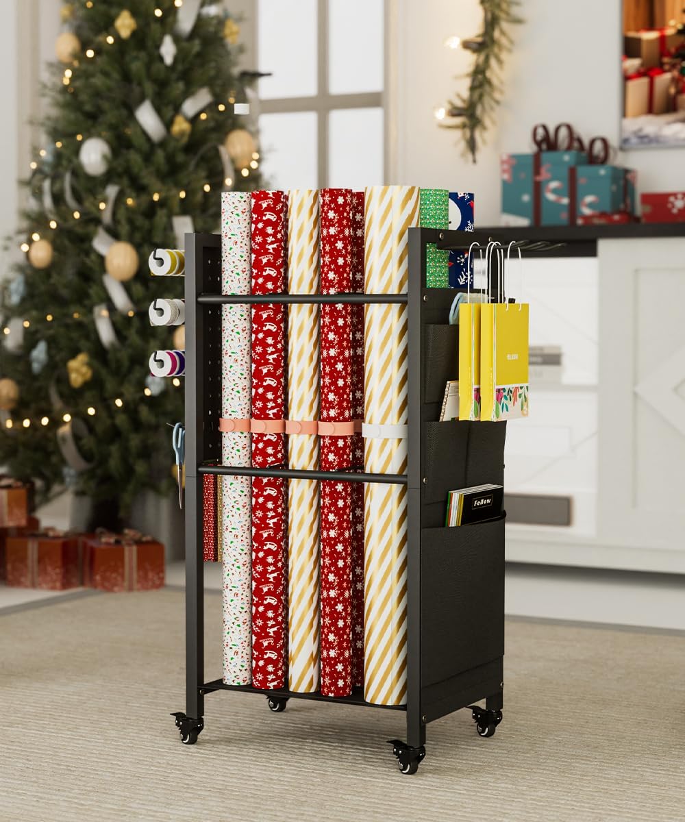 Skiennix Wrapping Paper Storage Organizer - Rolling Gift Wrap Station with Wheels & Ribbon Holder | Black