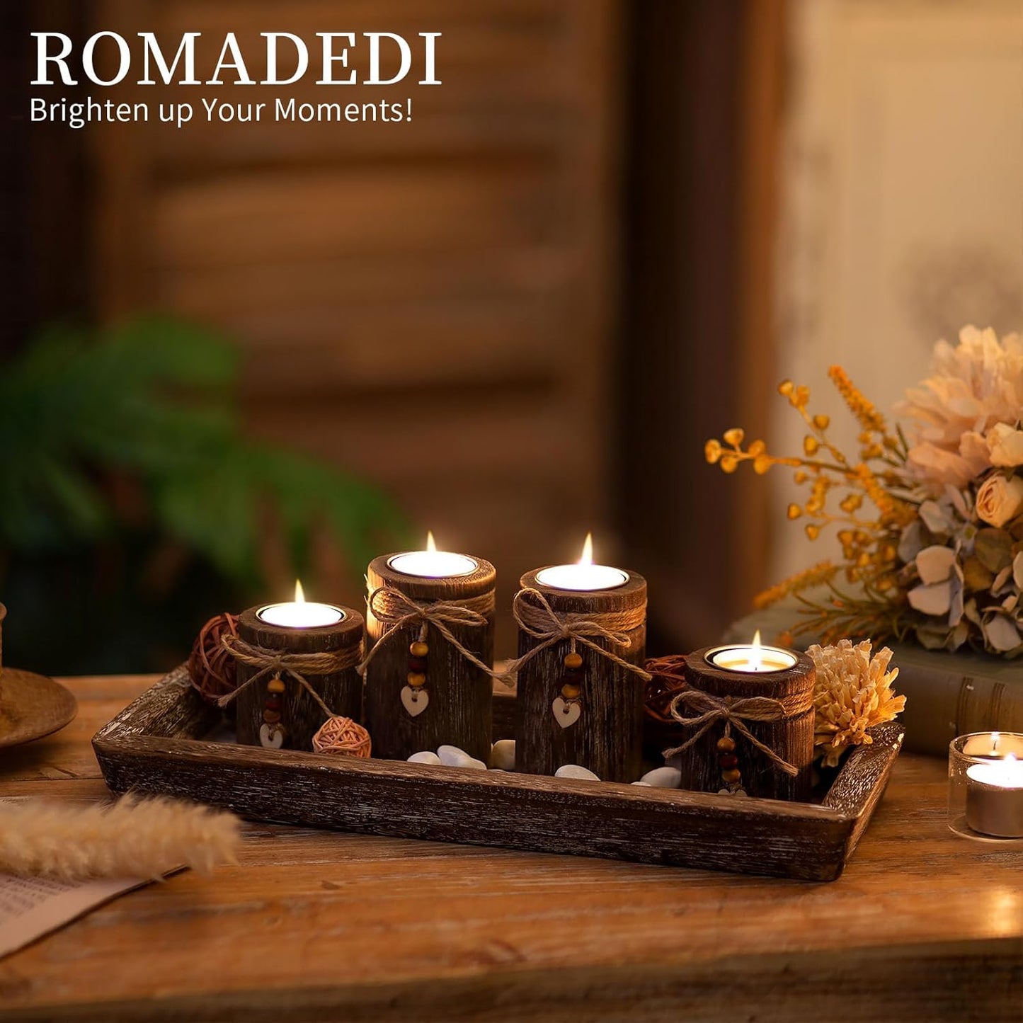 Romadedi Boho Wooden Tray Candle Holder Set - 4 Tealight Holders for Farmhouse Coffee Table Decor