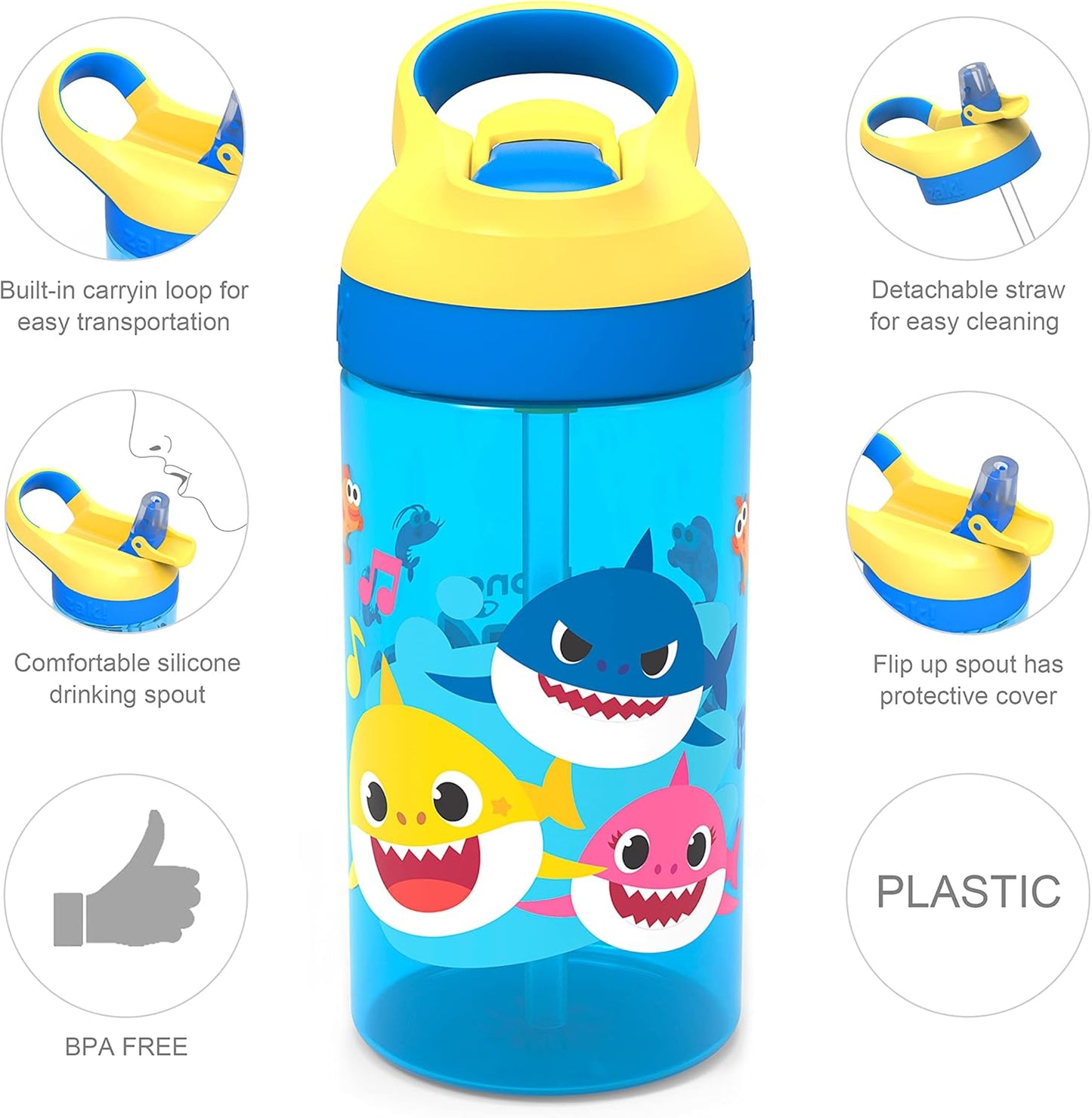 Zak Designs Baby Shark Water Bottle - Durable, Leak-Proof Design with Straw & Carrying Loop | 16 oz