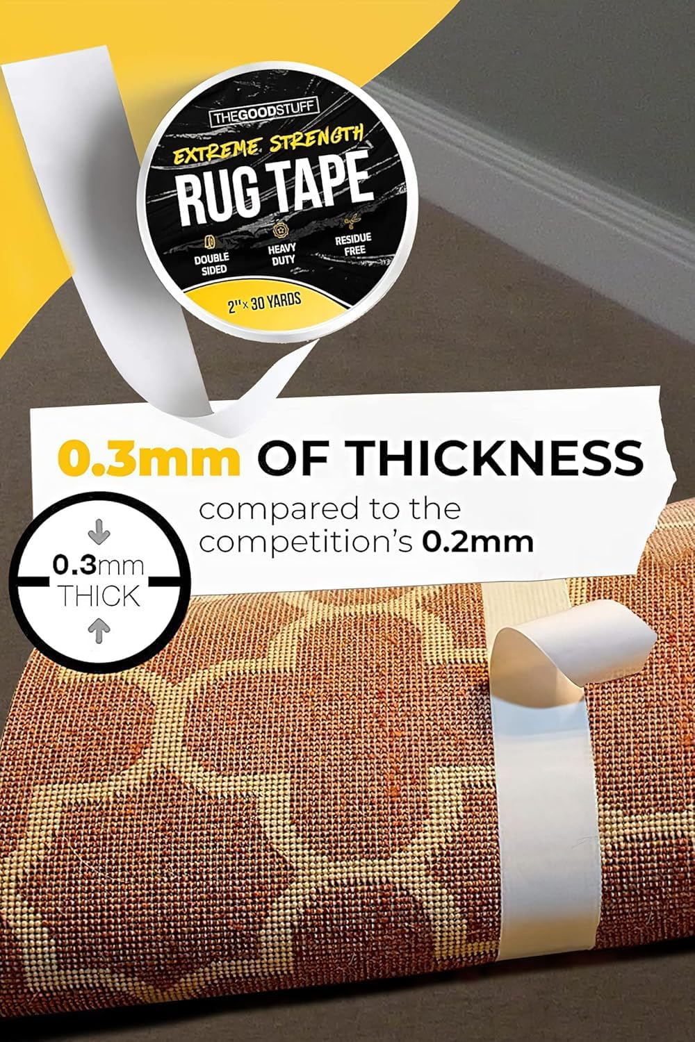 The Good Stuff Double-Sided Carpet Tape - Heavy-Duty Non-Slip Gripper for All Floors | 2"x10yd, No Residue