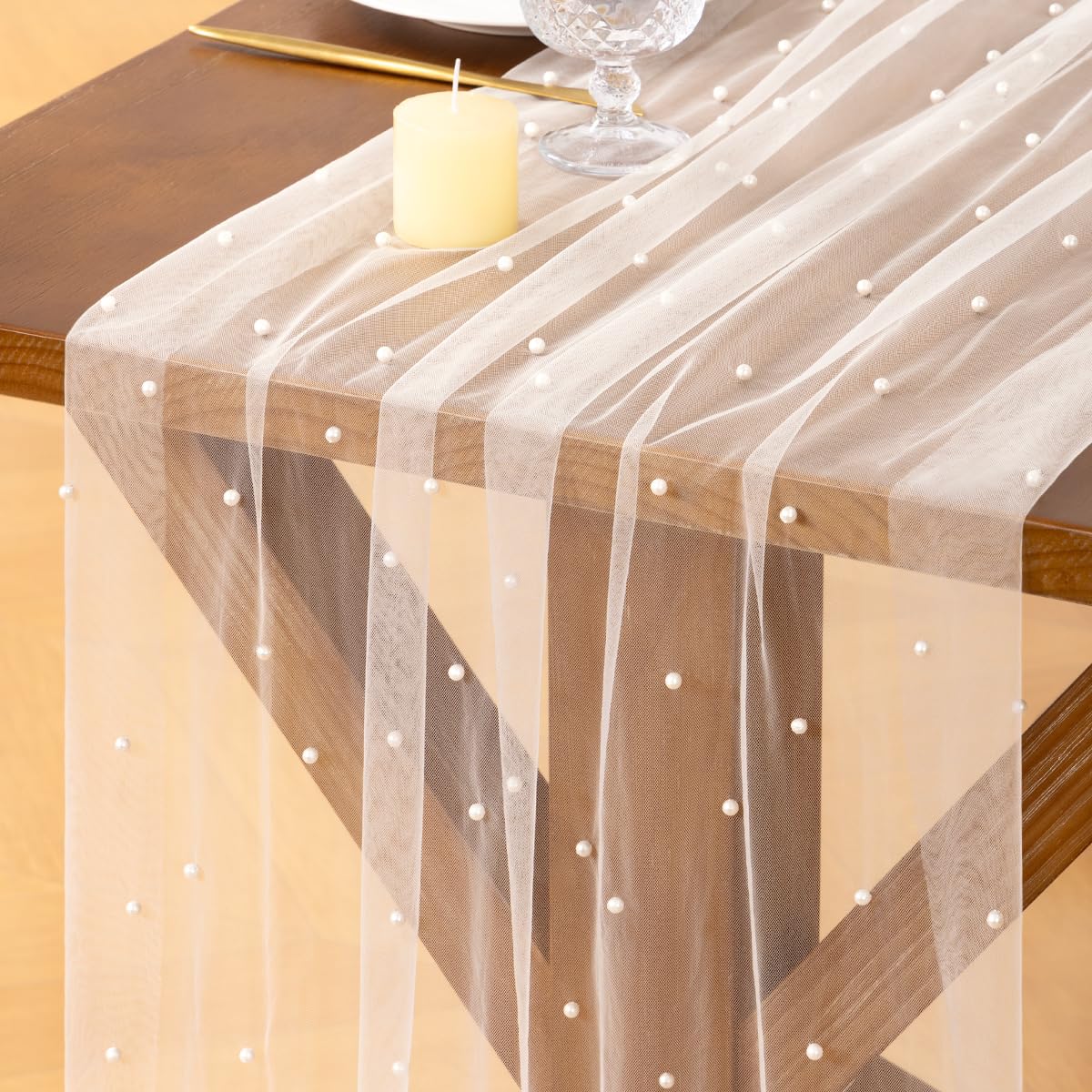 Socomi Pearl Table Runner Tulle Ivory White Spring Easter Cheesecloth 10FT Gauze Dining Wedding Birthday Party Baby Shower Anniversary Holiday Centerpiece Table Decor