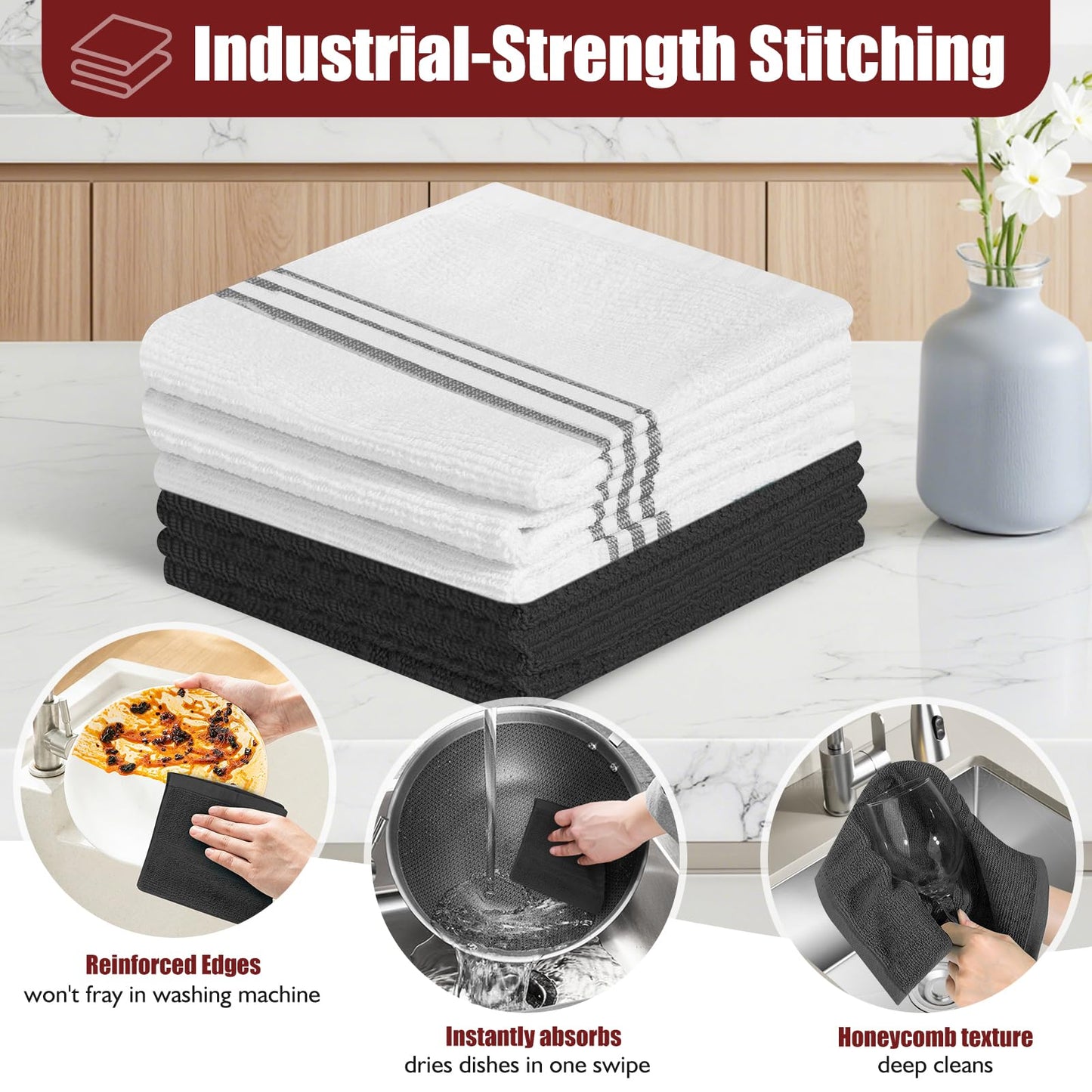 Oven Mitts and Pot Holder Sets with Silicone Grip, 500°F Heat Resistant-6 Pack Dishcloth/Dish Towels for Kitchen 100% Cotton-Value Kitchen Essentials for Cooking, Baking, Grilling-Black