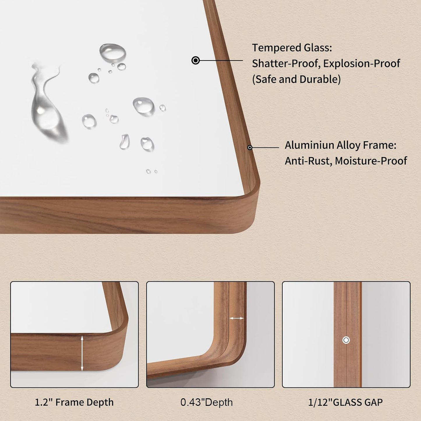 LOAAO Bathroom Mirror - 40x32 Inch Rounded Rectangle Design with Wood Grain Metal Frame | Anti-Rust, Versatile Hanging Options