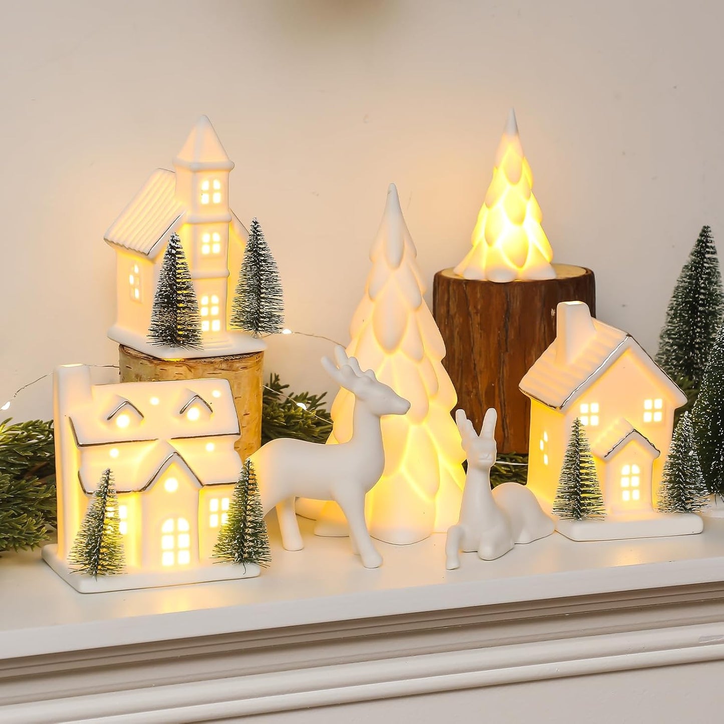 Regine Switzerland 12-Pc Ceramic Christmas Village Set - White Houses, LED Trees & Reindeer Figurines for Holiday Decor