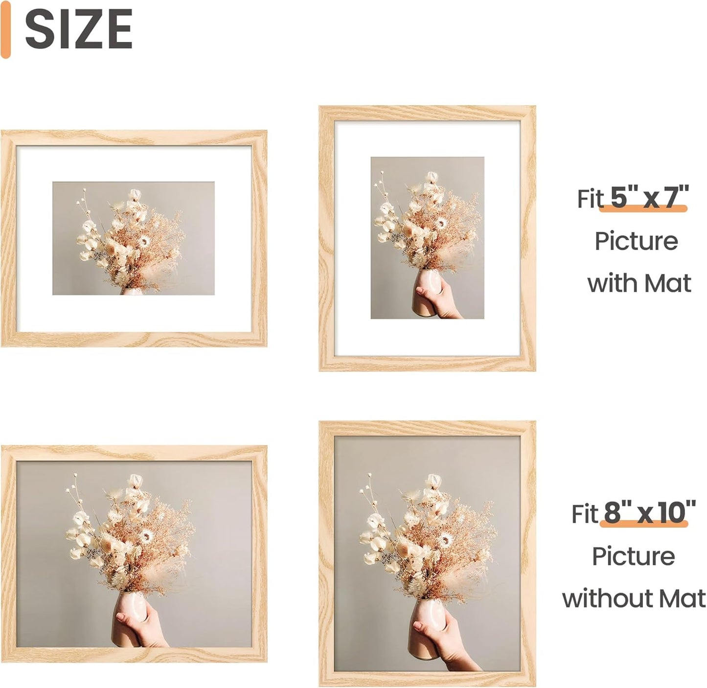 Upsimples 8x10 Picture Frame Set of 5 - Versatile Wall Gallery Frames for 5x7 or 8x10 Photos | Natural Finish