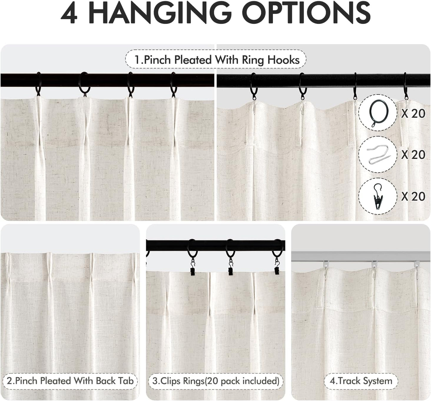 MIULEE 96-Inch Long Pinch Pleated Natural Linen Curtains - Semi-Sheer Drapes for Bedroom & Living Room