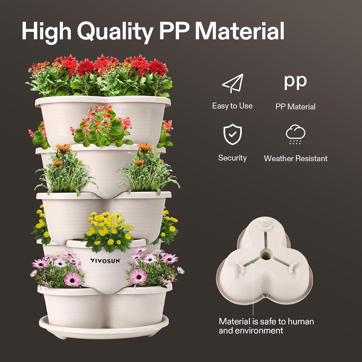 VIVOSUN 5-Tier Vertical Gardening Planter - Stackable Design for Strawberries, Herbs & Vegetables | Ivory