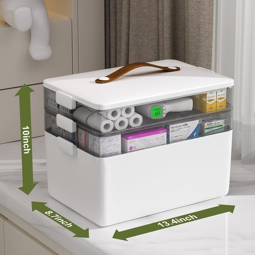 JOYBOS 3-Tier Medicine Storage Box - Portable First Aid Kit Organizer with Leather Handle for Home
