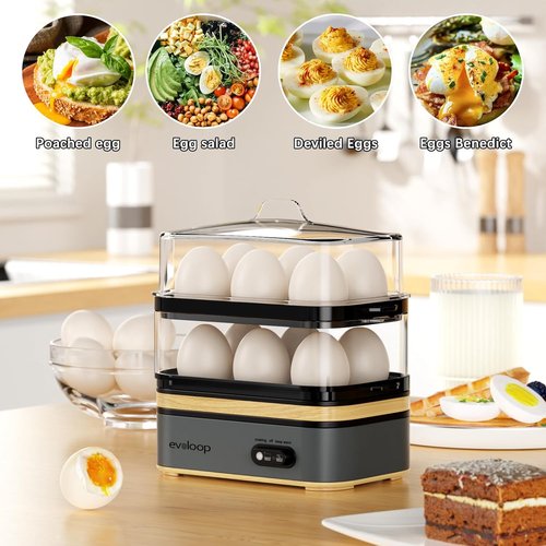 Evoloop Electric Egg Cooker - Rapid 12 Egg Capacity for Soft, Medium, Hard Boiled & Poached Eggs | BPA Free Grey