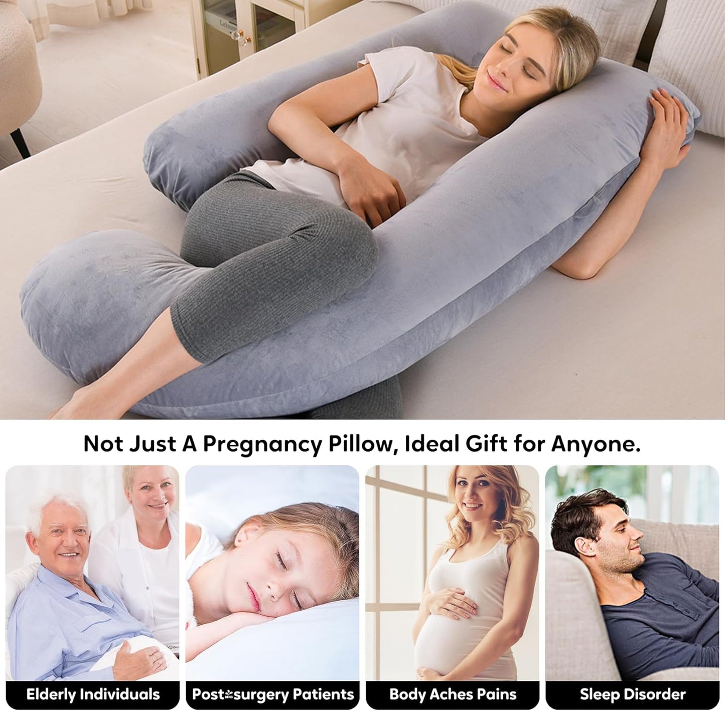 Skiennix U-Shaped Pregnancy Pillow - Full Body Support for Back, Hips & Belly | 65-Inch Velvet Grey Maternity Essential