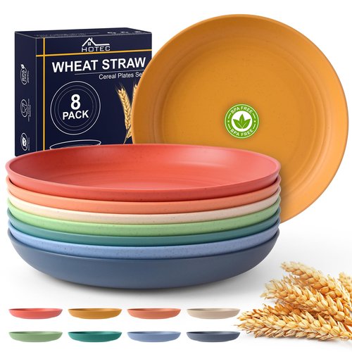 HOTEC 8-Pack 8inch BPA Free Unbreakable Deep Plastic Plates, Wheat Straw Camping Plates Dishwasher Safe Kitchen Plates Dinnerware Multicolor