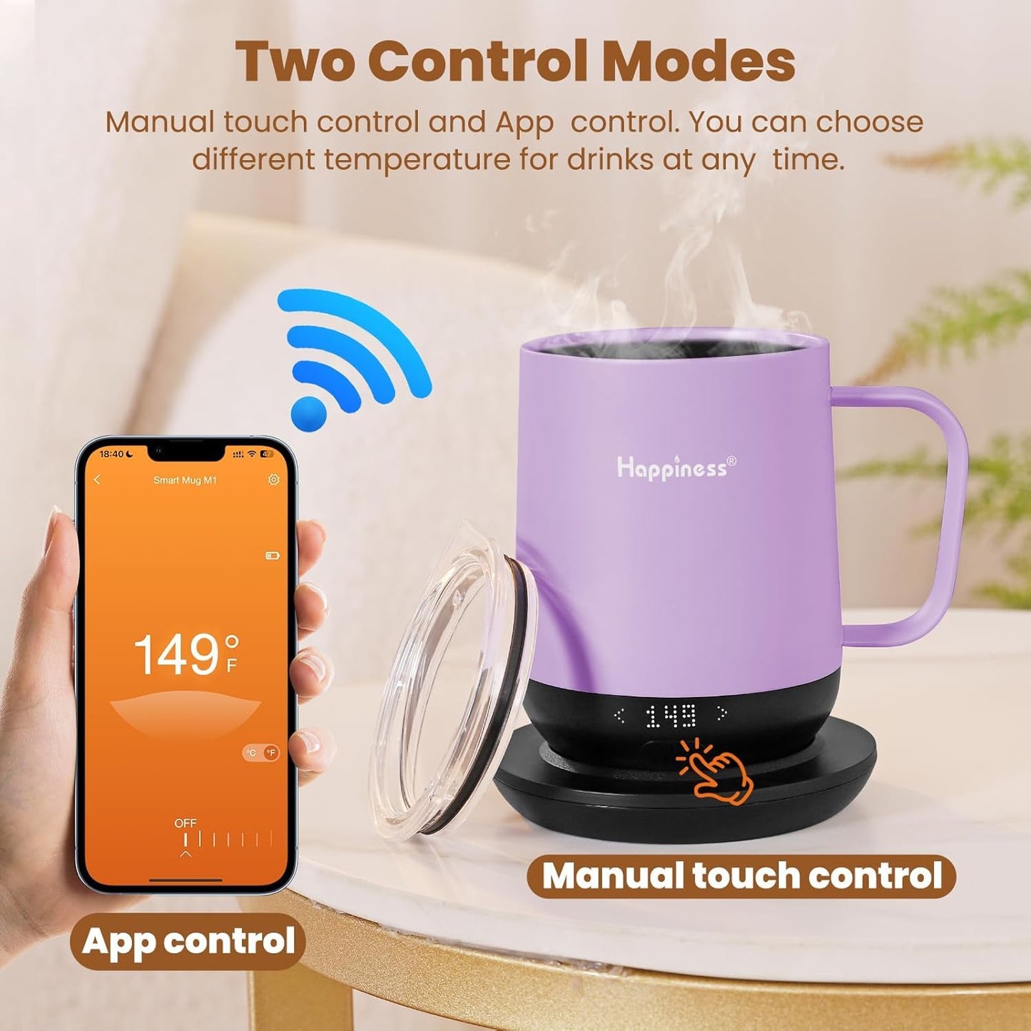Happiness Smart Heated Coffee Mug,12oz Rechargeable Electric Self Heating Temperature Control Coffee Cup,Gifts for Mom Dad Grandma Wife
