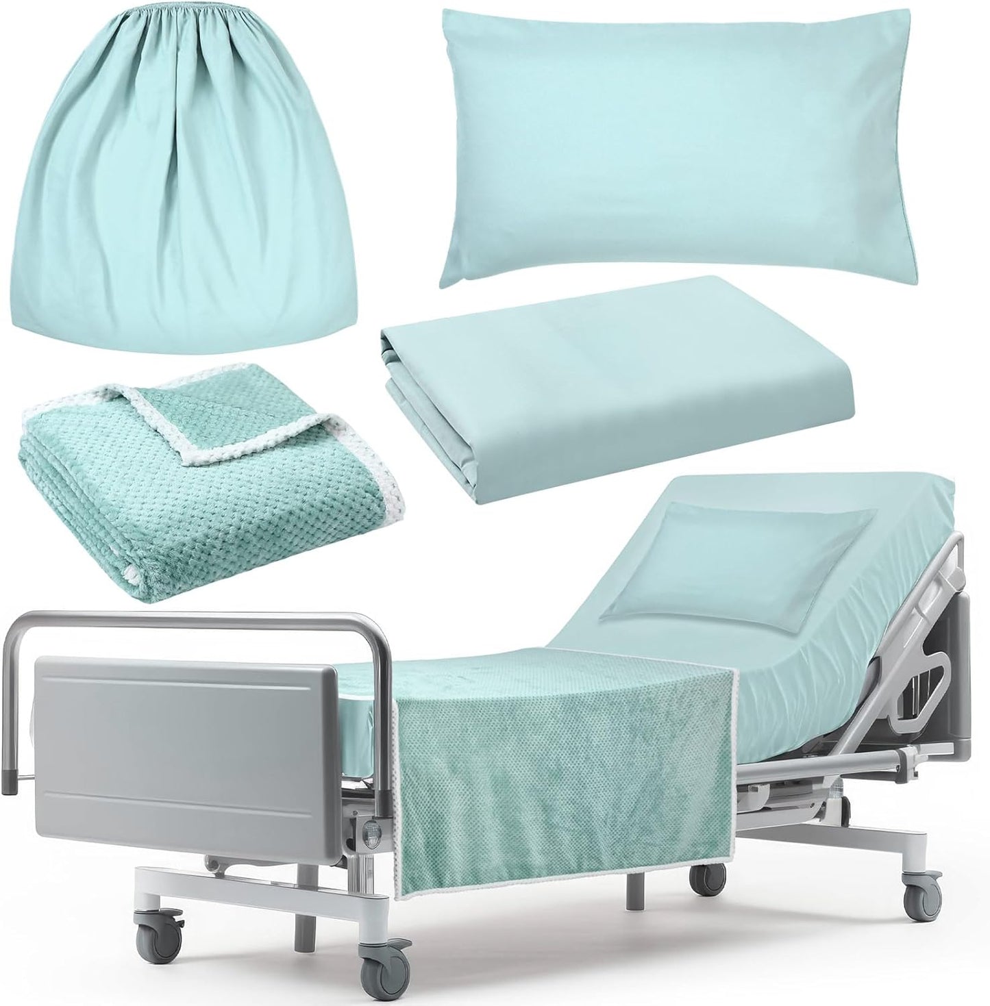SmoothNovelty Hospital Bed Sheets Set - Soft Knitted Quality | Includes Fitted Coverlet, Quilt Cover, Pillow Case & Blanket (Blue Green)