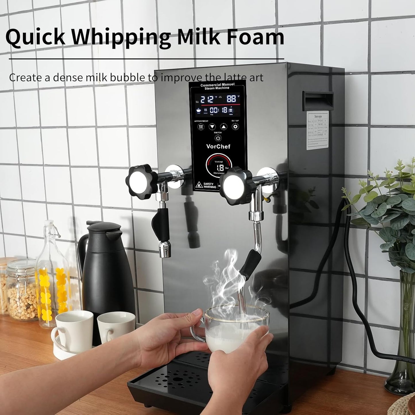 Skiennix Commercial Milk Frother - 2500W Automatic Steam Machine with LED Display for Coffee & Tea