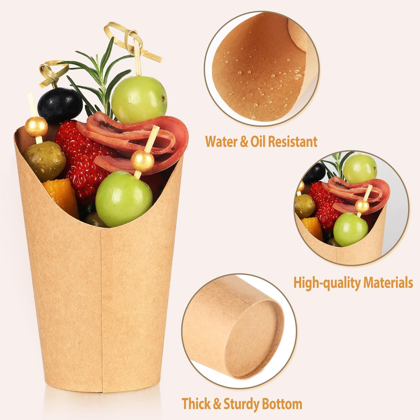 Vicuna R Charcuterie Cups French Fry Holder, 50PCS Appetizer Cups for Parties + 50 Labels, 12 oz Kraft French Fry Cup, Disposable Brown Paper Snack Cup, Charcuterie Boards Accessories