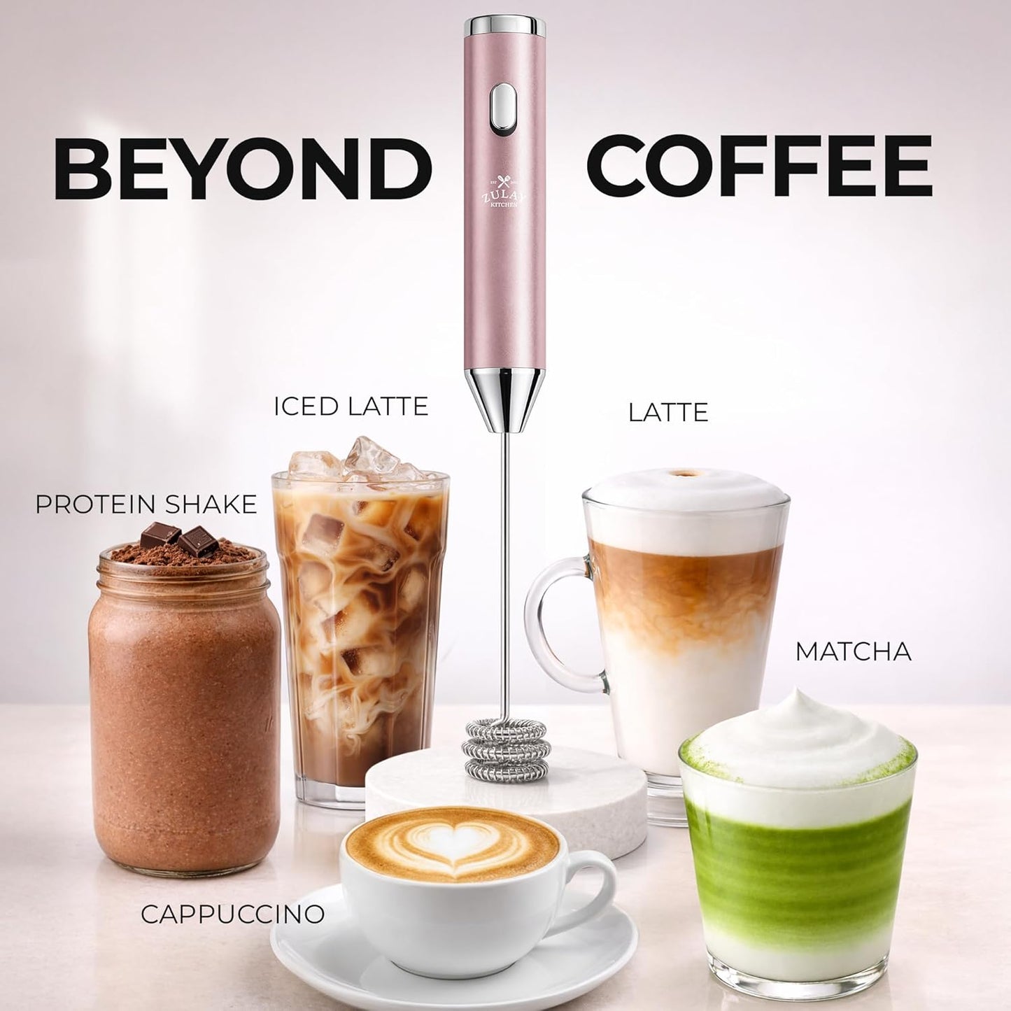 Zulay Kitchen Rechargeable Milk Frother - Handheld Electric Mixer with 3 Whisk Attachments | USB-C Charging, Lasts 6 Months
