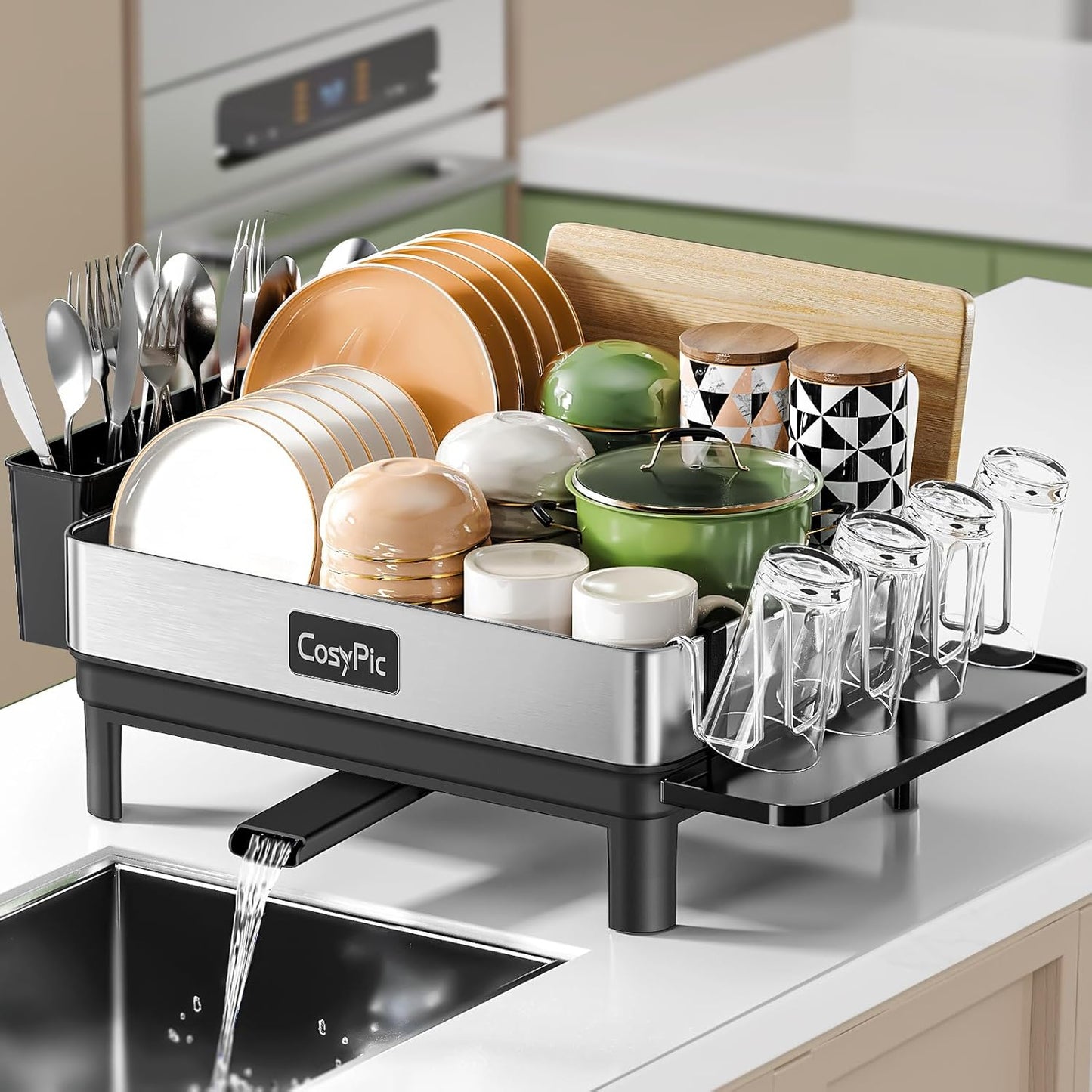 Skiennix Dish Drying Rack - Premium 304 Stainless Steel with Automatic Drainage Spout | Black, Complete Set