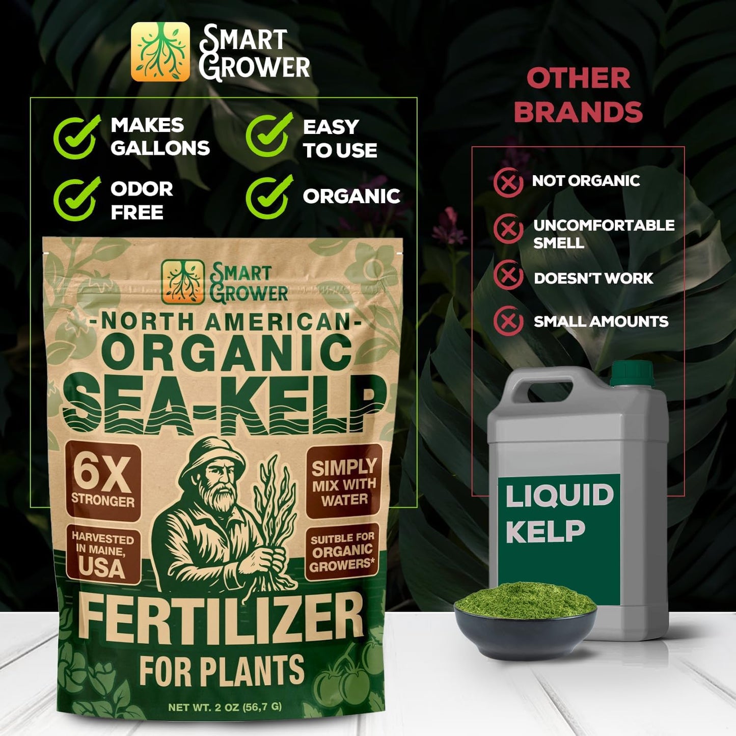 Smart Grower Organic Sea Kelp Fertilizer - Water-Soluble Plant Food for Indoor Gardens | 2oz Bag Makes 50 Gallons