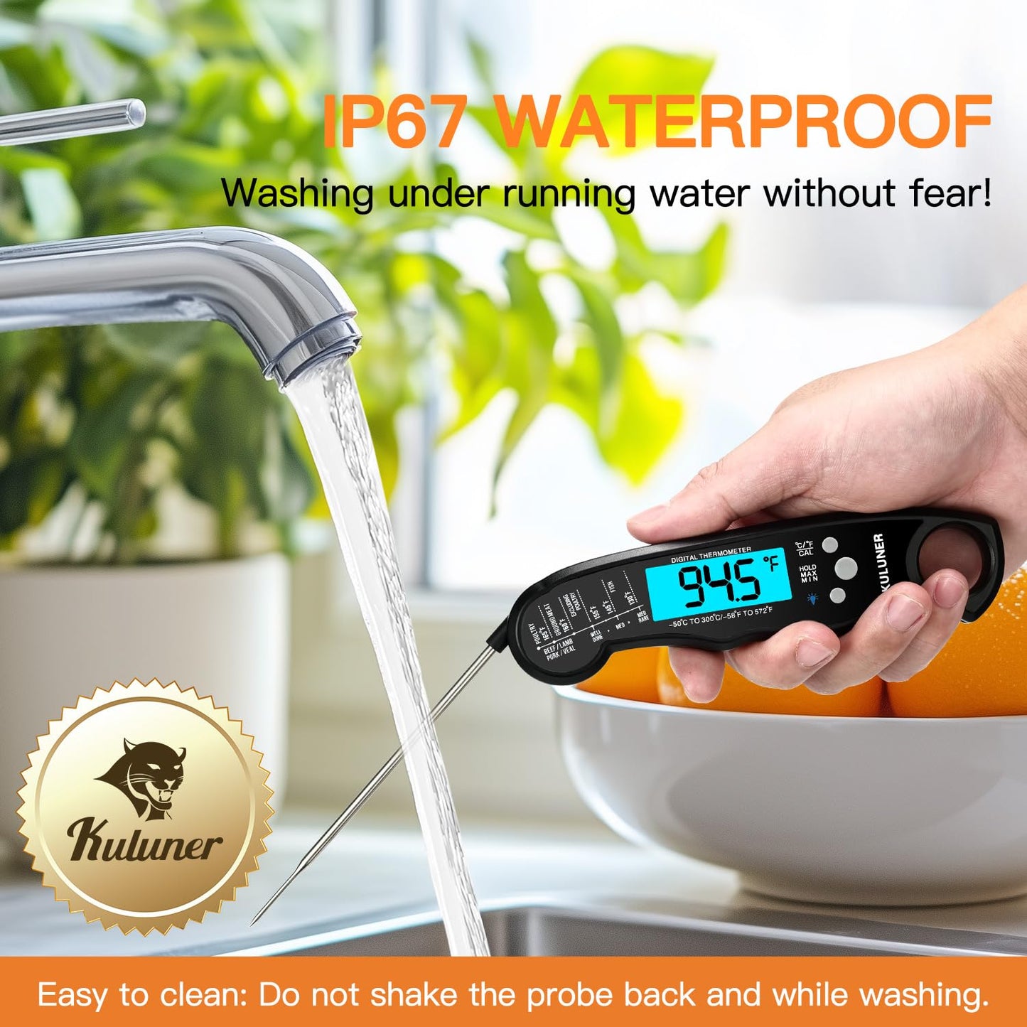 KULUNER TP-01 Waterproof Digital Instant Read Meat Thermometer with 4.6 Folding Probe Backlight Calibration Function for Cooking Food Candy, BBQ Grill, Liquids,Beef(Black)