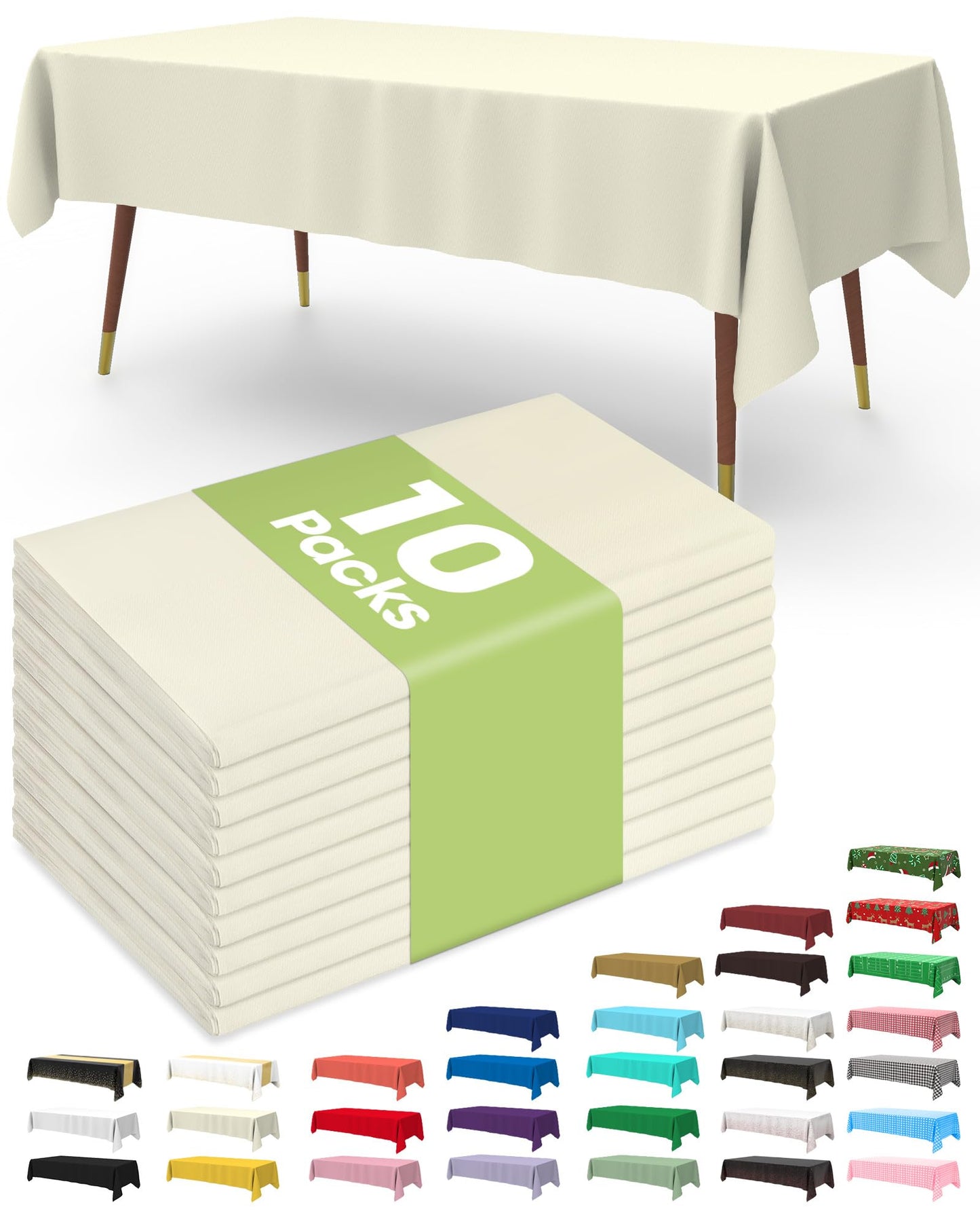 Pureegg Plastic Table Cloth Disposable 10 Pack, 54 x 108 Inch Table Cloths, Party, Wedding, Thanksgiving Decorations, Fall Tablecloths, Rectangle, Beige Plastic Cover, Leakproof & Sturdy, Cream, Ivory