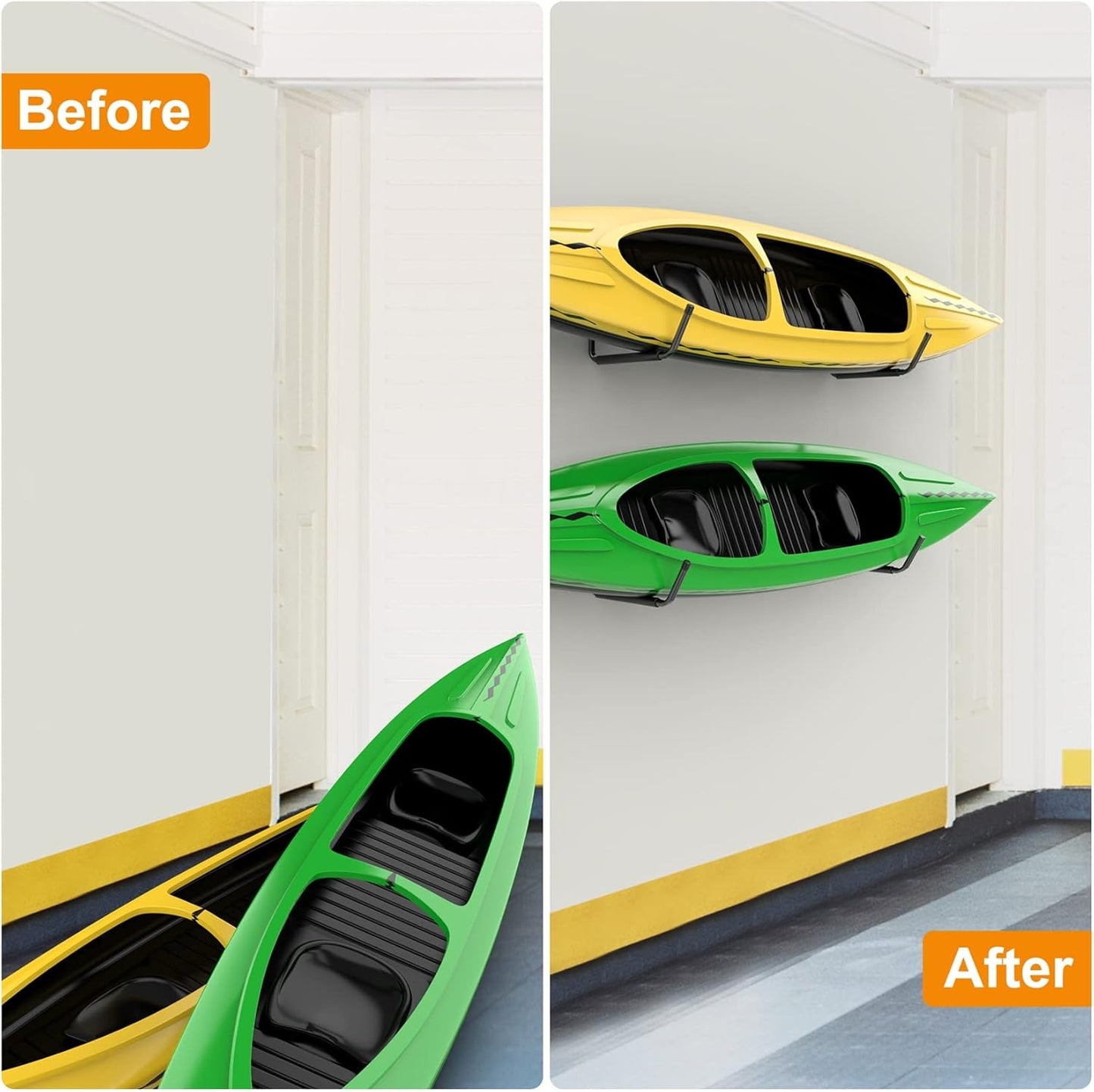 WALMANN Kayak Storage Rack - Wall Mount Hooks for Canoe, Surfboard, Skis & Paddle Board | Garage Utility Solution