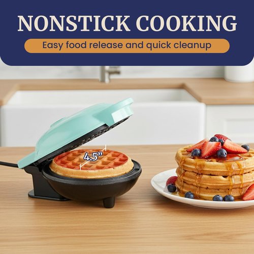 Elite Gourmet EWM015M Electric Nonstick 4.5-inch Mini Waffle Maker, Belgian Waffles, Compact Design, Hash Browns, Keto, Snacks, Sandwich, Eggs, Easy to Clean, Mint