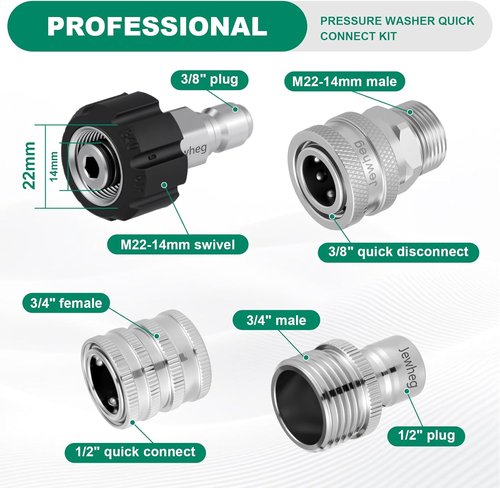 Jewheg Pressure Washer Quick Connect Kit - Upgraded Stainless Steel Adapter Set | M22 Swivel 14mm to 3/8 Inch