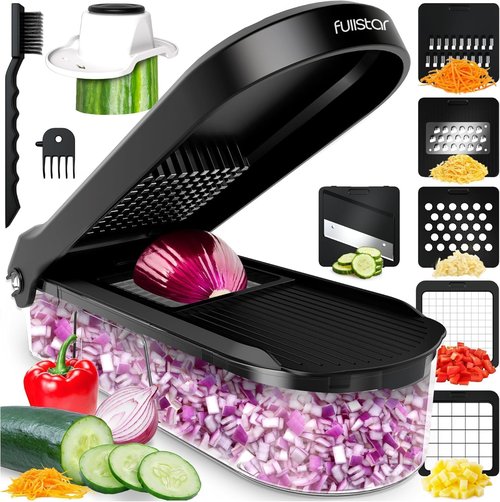 Fullstar Mandoline Slicer - 6-in-1 Vegetable Chopper & Cutter with Container | Black Kitchen Gadget Essentials