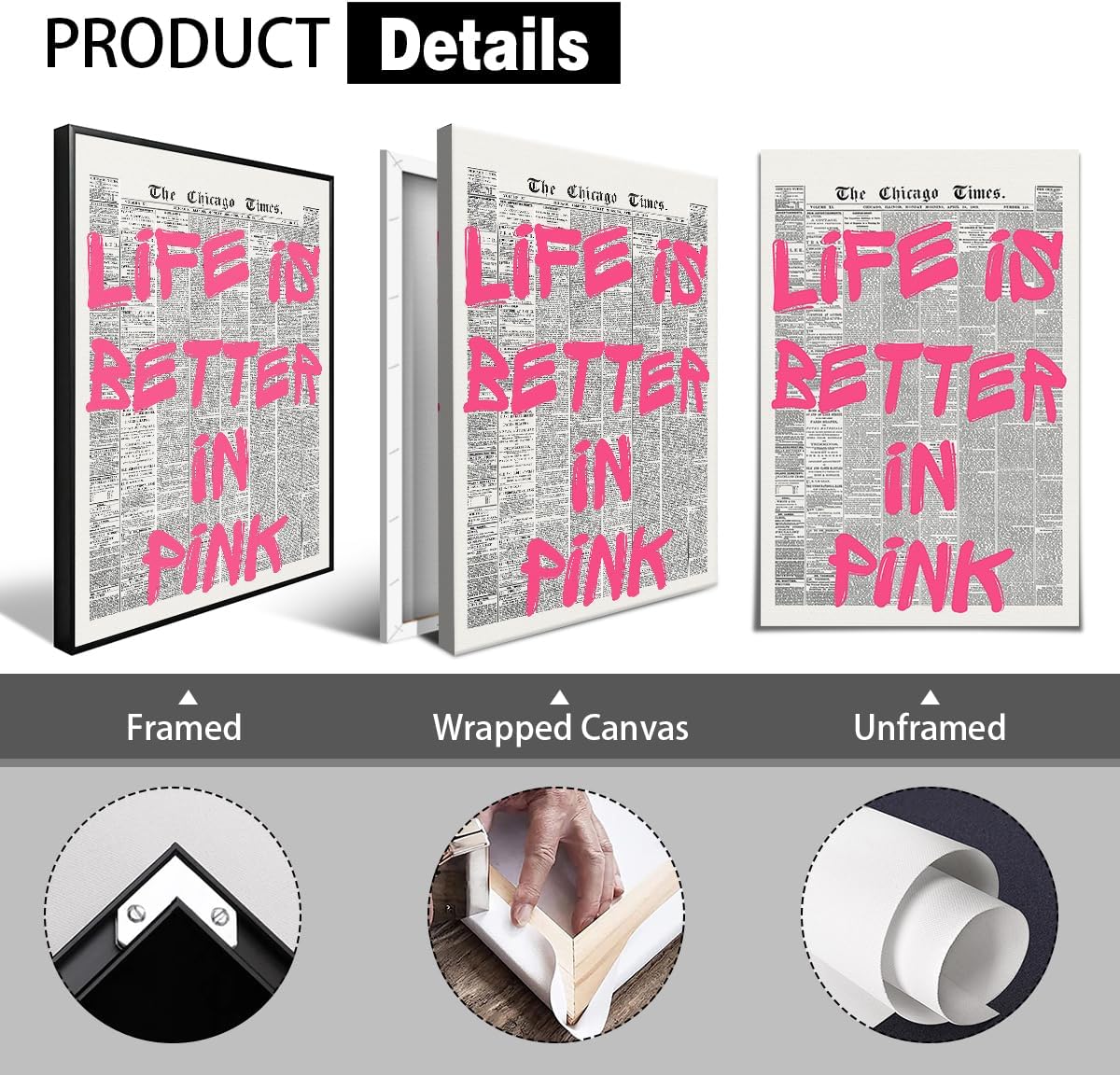 OAOPIC Life Is Better In Pink Quote Poster - Vintage Black & White Canvas Wall Art | Motivational 8x12in Unframed Print