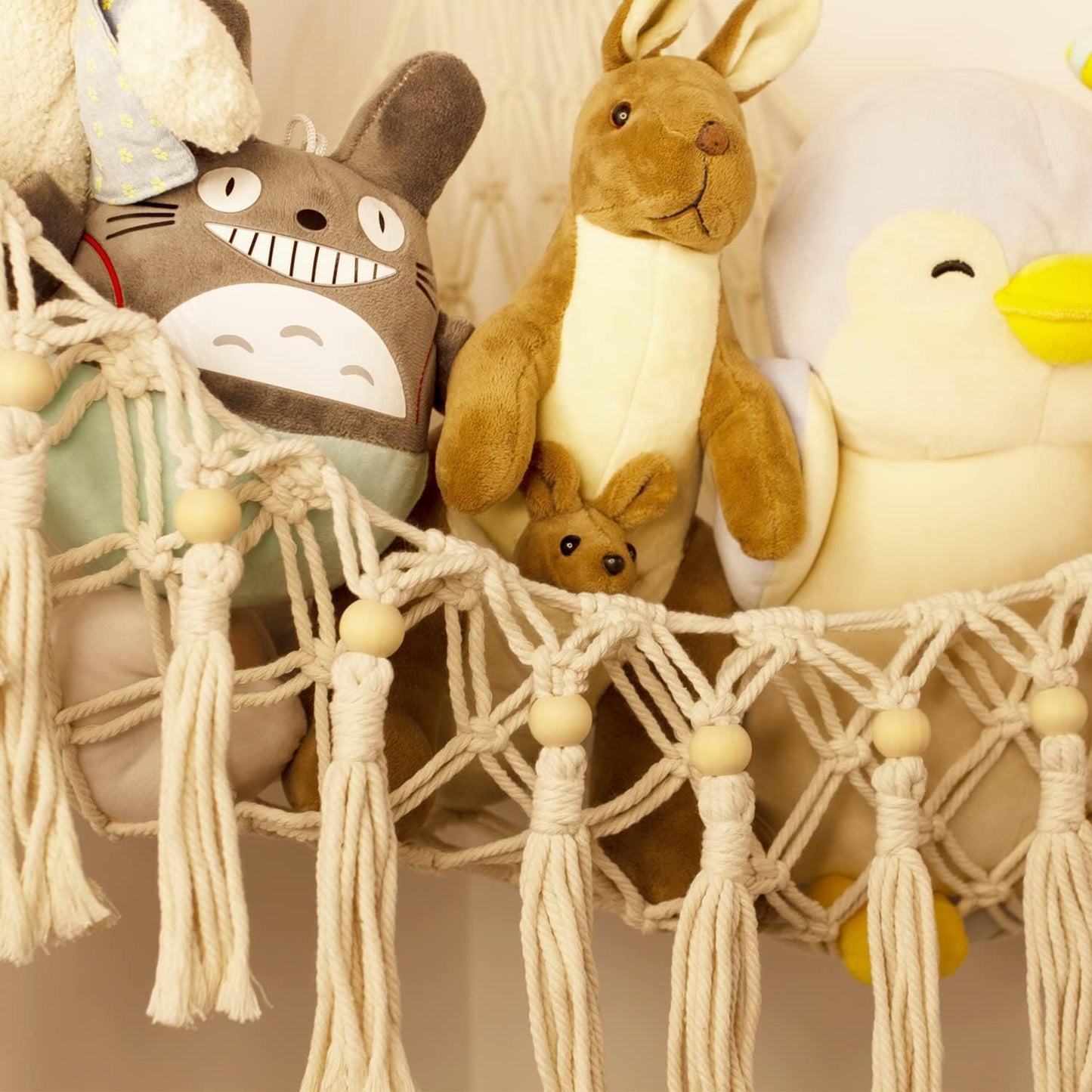 Skiennix Stuffed Animal Toy Storage Hammock with LED Light - Jumbo Macrame Plushie Organizer for Kids' Room Decor