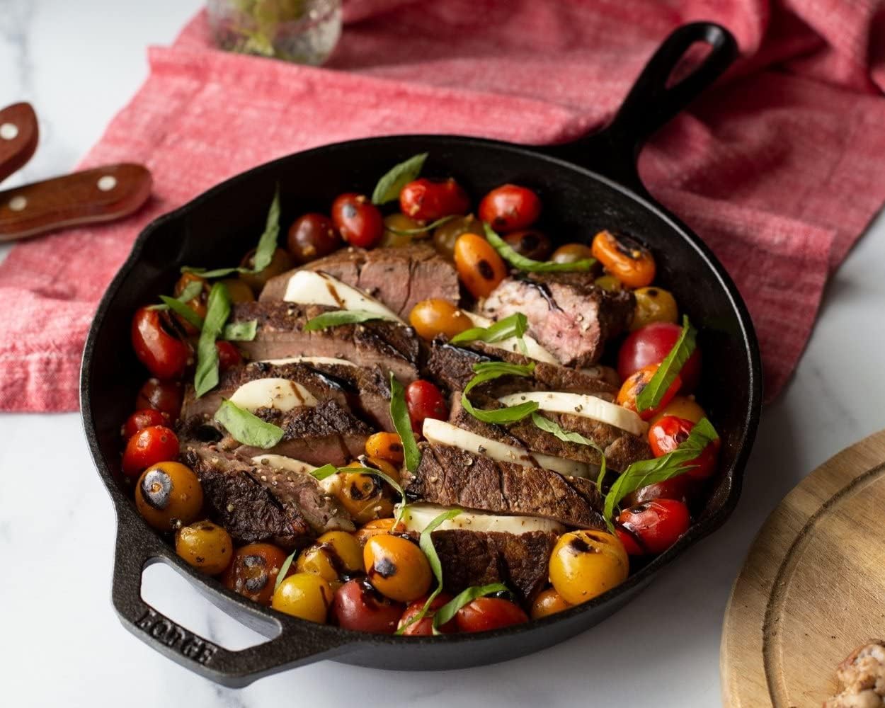 Lodge Cast Iron Skillet - 10.25-Inch with Red Silicone Hot Handle Holder for Safe Cooking