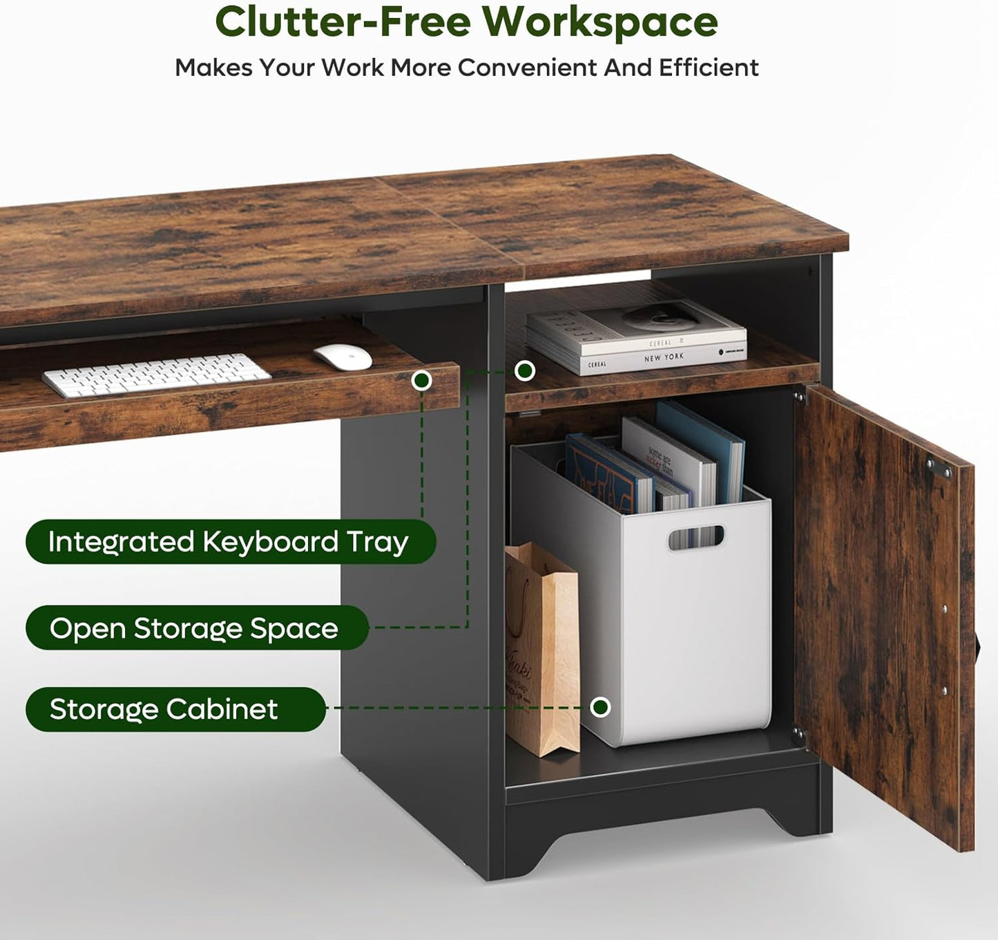 Bestier Office Desk - 47-Inch Industrial Computer Desk with Keyboard Tray & Storage | Rustic Brown
