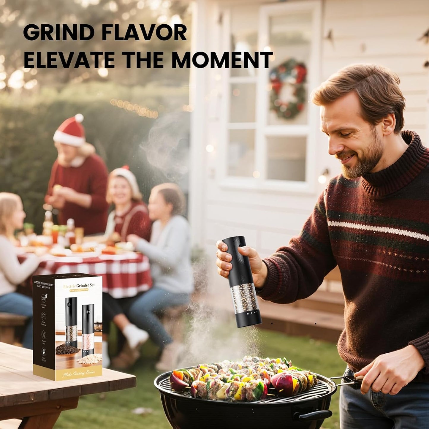 Skiennix Electric Salt and Pepper Grinder Set - Rechargeable Automatic Shakers with Adjustable Coarseness | 2 Pack, Black