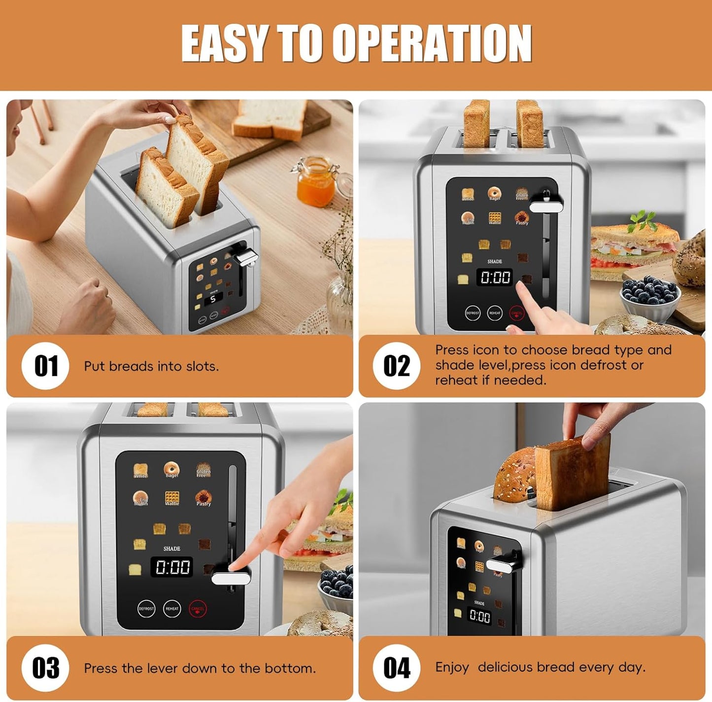 WUNLY 2-Slice Toaster - Touchscreen Control & Digital Countdown Timer - 6 Shade Settings, Titanium