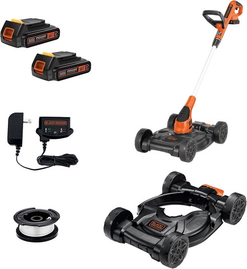 BLACK+DECKER 3-in-1 Cordless Lawn Mower Combo - Includes (2) Batteries & Charger, Adjustable Length & Height, 12-Inch Trimmer