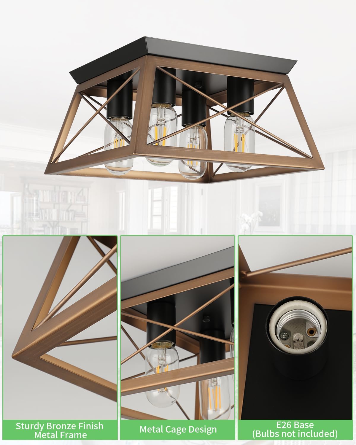 Farmhouse Flush Mount Ceiling Light Oak White Ceiling Light Fixtures 2-Light Industrial Vintage Metal-Framed Ceiling Lighting for Hallway Foyer Kitchen Dining Room Bedroom Living Room Laundry