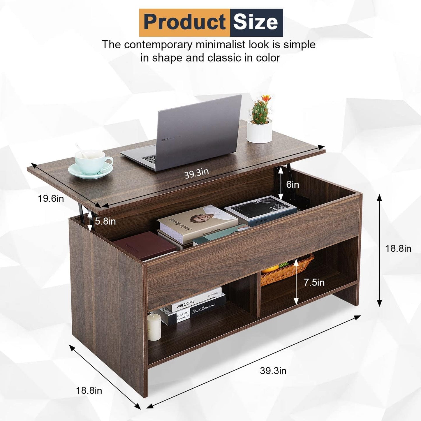 Skiennix Lift Top Coffee Table - Modern Pop-Up Design with Hidden Compartment & Storage Shelf | Brown